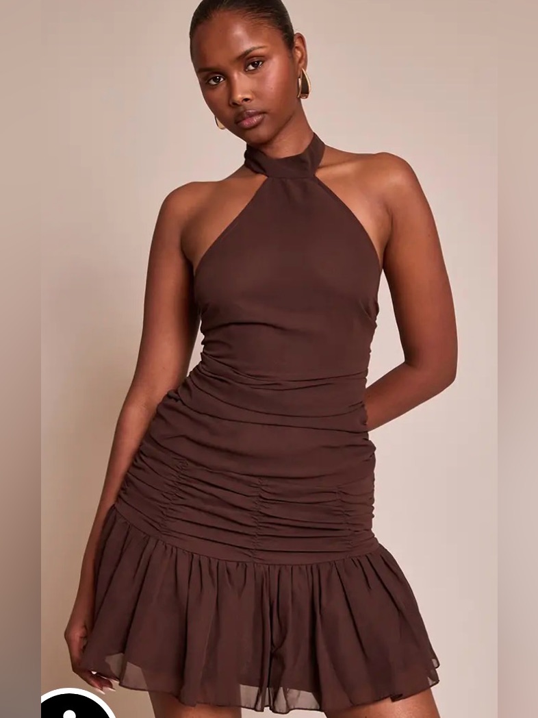 Chocolate Abstract Print Chiffon Halter Neck Mini Shift Dress